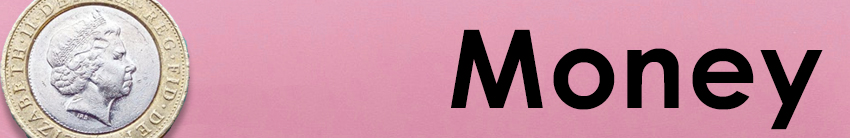 Banner of a £2 coin on a pink background. The word 'Money' is embedded on the right.