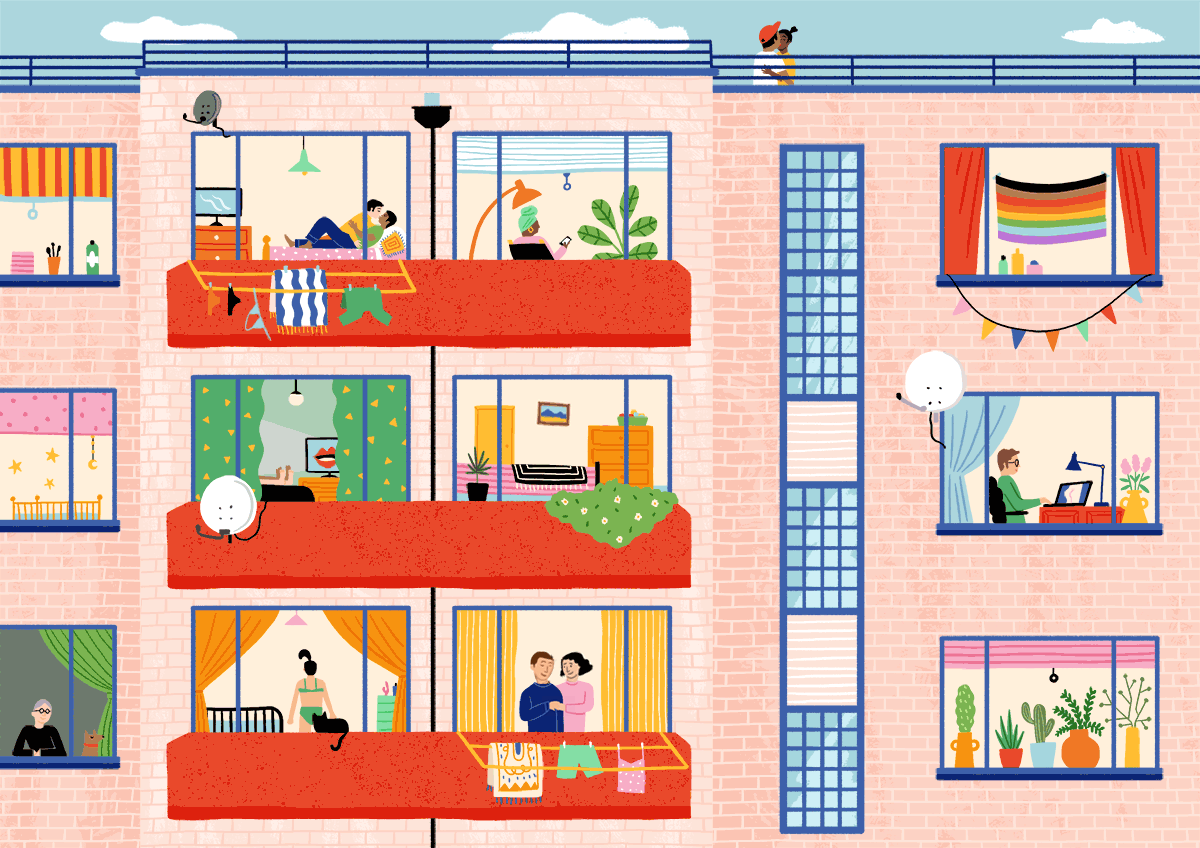 Illustration - View into a block of British apartments, showing the variety of people inside