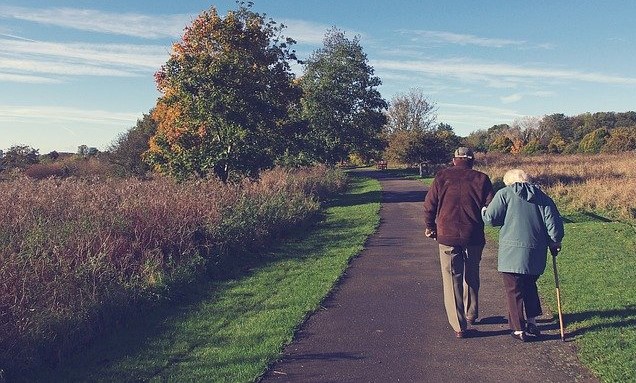 elderly couple on a walk