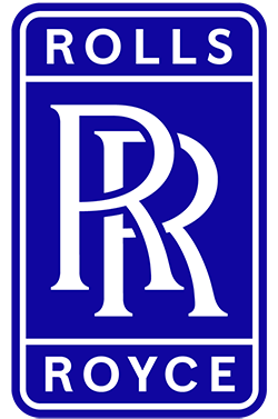 Two intertwined 'R's on a royal blue background make up an emblem in white with the words 'Rolls' and Royce at the top and bottom of it.