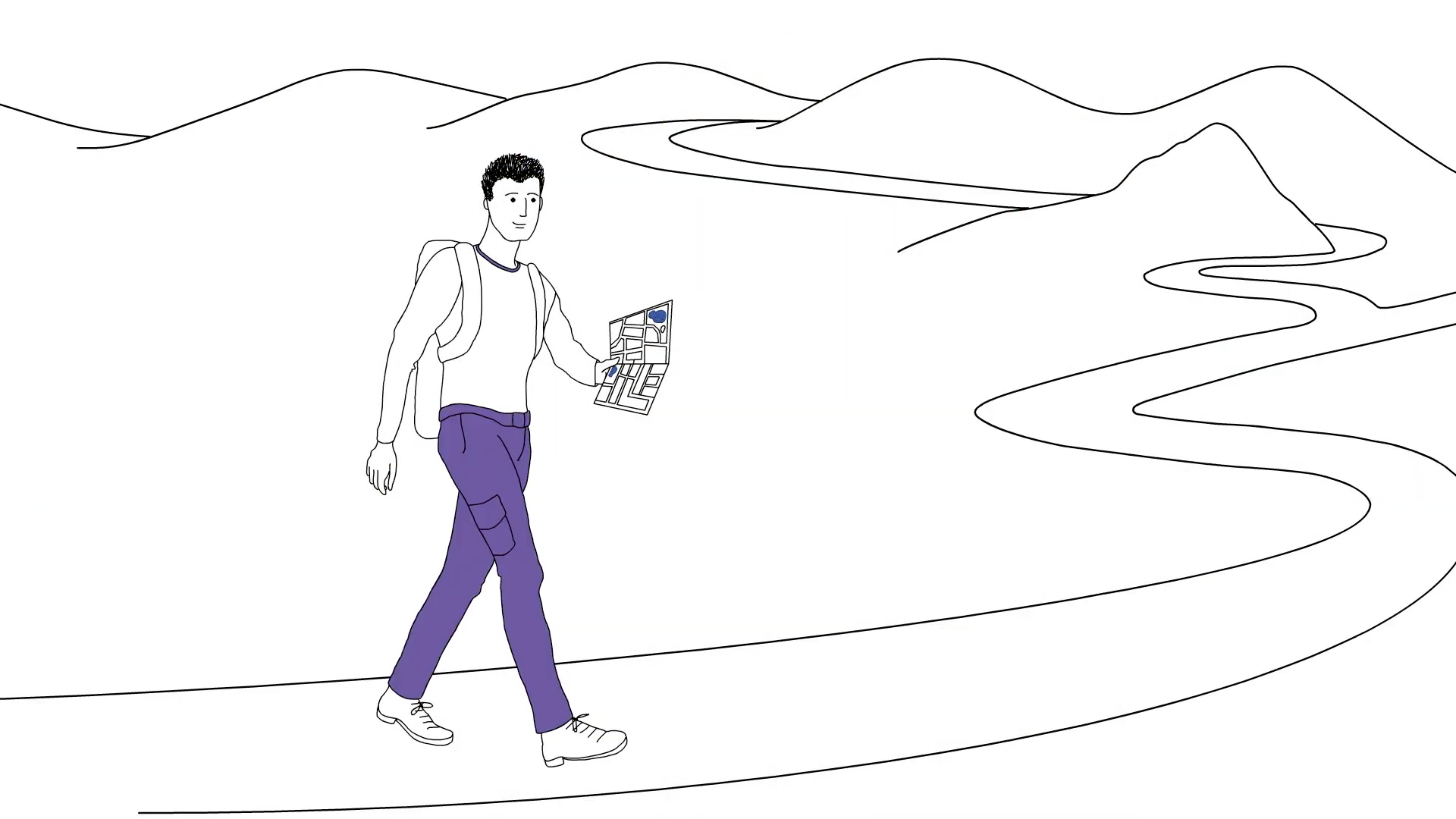 Illustration of a person holding what appears to be a map and walking along a path