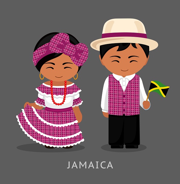 A cartoon of two figures wearing traditional Jamaican clothing