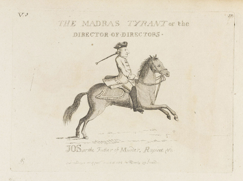 Old etching that's yellow and brown tinged. It shows a cartoon of a man riding on a horse in the centre with the caption 'The Madras Tyrant or the Director of Directors' above it. 