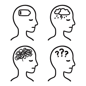 Graphic of four line drawn heads from a side view and displayed as two above two. The top left head has a low battery in it. The second head has clouds and lightning strike in it. The bottom left head has a knotted piece of string in it and the fourth head has three question marks in it.