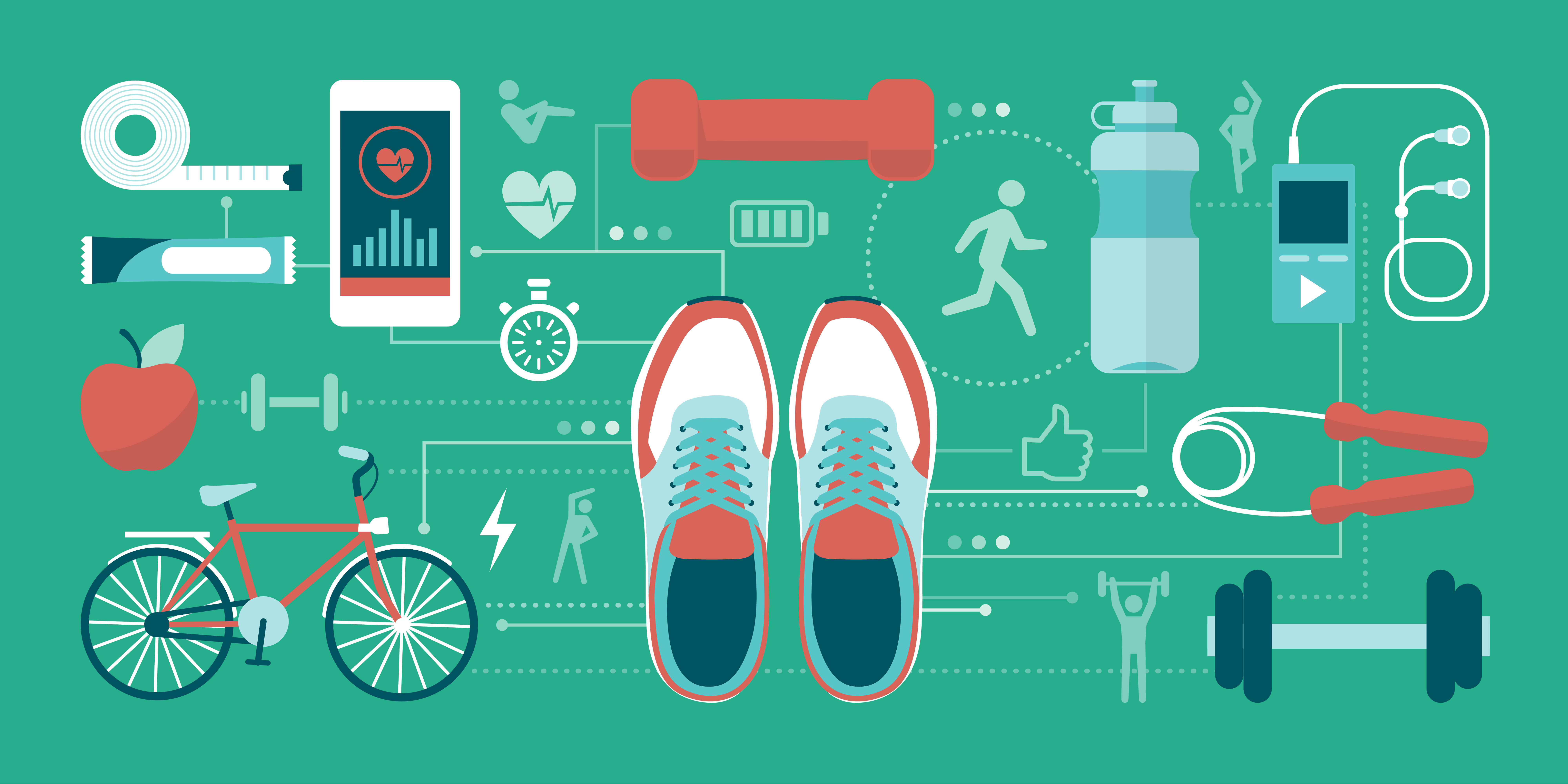 Graphic of training shoes surrounded by sports equipment, an iPhone monitoring heartbeat and an apple on a green background. 