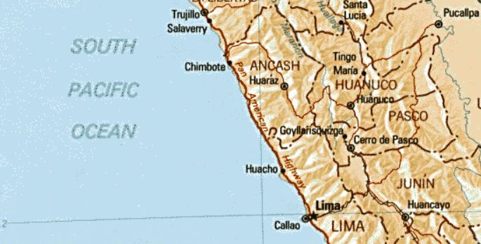 A graphic of the map of the coastline of Peru. The sea is light blue and the land mass shown in tan colour. Places are named in black and regions shown by red lines.