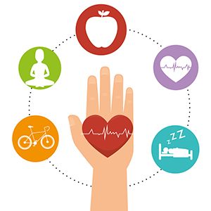 Graphic of a hand with a heart in the middle of it and then a dotted circle around the edge which has 5 coloured bubbles at various points. The bubbles each have an image inside; the first shows a bicycle, the second shows a person meditating, the third shows an apple, the fourth has a heart and the final bubble shows a person snoozing in bed.