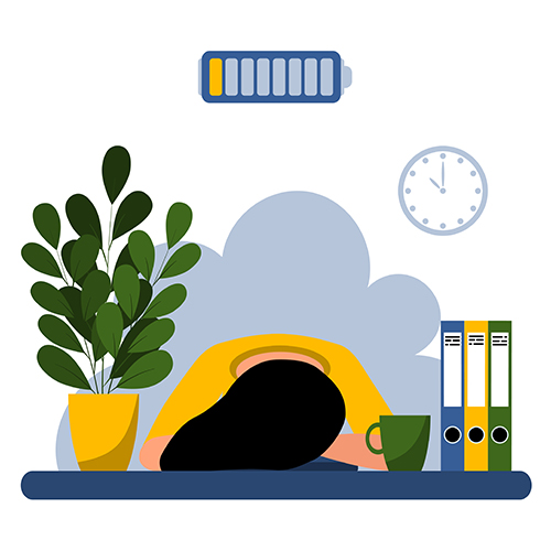 Graphic of a person with their head on their desk next to a cup, a plant and some folders, and a low battery symbol above them. 