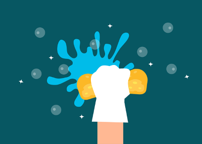 graphic of a hand wearing a rubber glove holding a sponge applying water to clean a surface