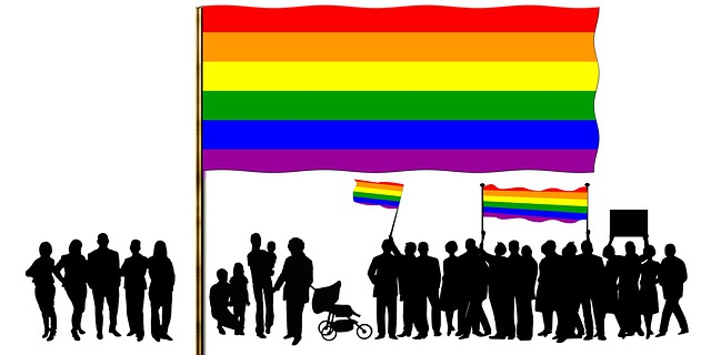 LGBTQ flag at the top and below silhouttes in black of a wide variety of different figures..