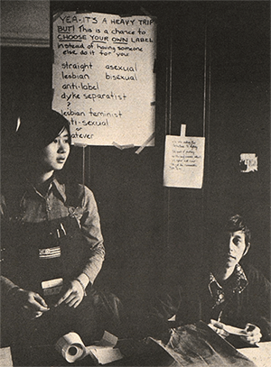 Lesbian/Feminist Dialogue” at Barnard College (a vintage black and white photograph by Crawford Barton in 1973).





