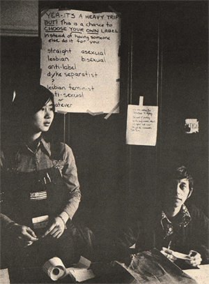 Lesbian/Feminist Dialogue” at Barnard College (a vintage black and white photograph by Crawford Barton in 1973).






