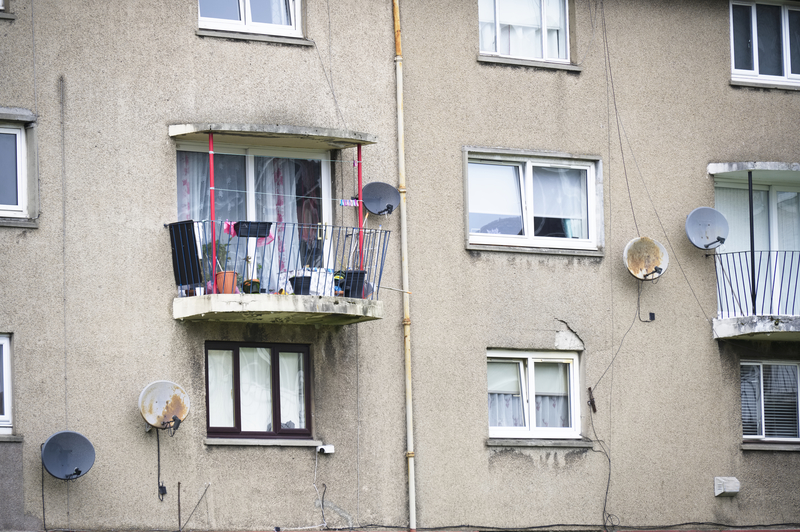High rise council flat in deprived poor housing estate in Cardonald, Glasgow
