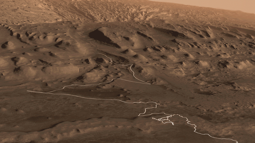 The proposed route for NASA's Curiosity rover, which is climbing lower Mount Sharp on Mars. 