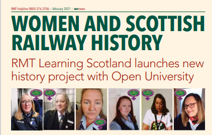 RMT news showing article about the OU collection, women and scottish railway history