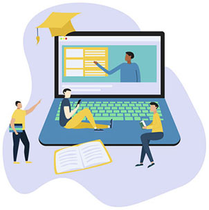 Illustration of people studying, teaching and reading, books and digitally on laptops and mobile