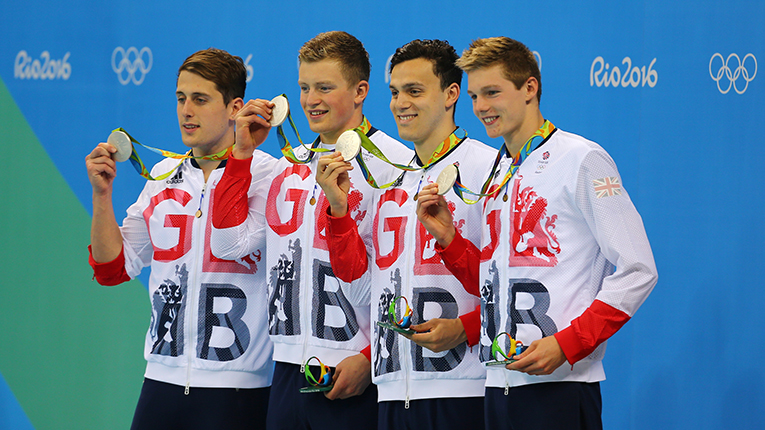 GB's 4x100m medley relay team featuring Adam Peaty during medal ceremony at the Rio 2016 Olympic Games