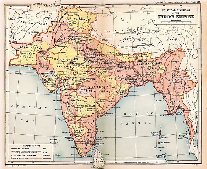 1909 map of India, showing British India in two shades of pink and the princely states in yellow.