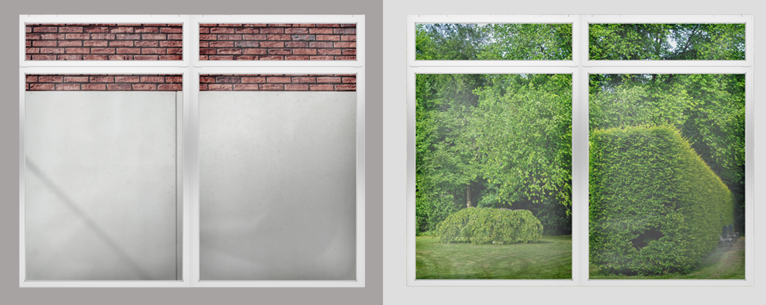 Side by side mock-up of two windows, one has a view of a brick wall and the other has a view of green foliage in a park.