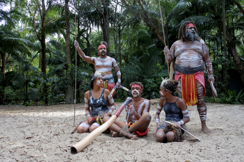 Indigenous Australians aboriginal people wearing body painting from Queensland Australia