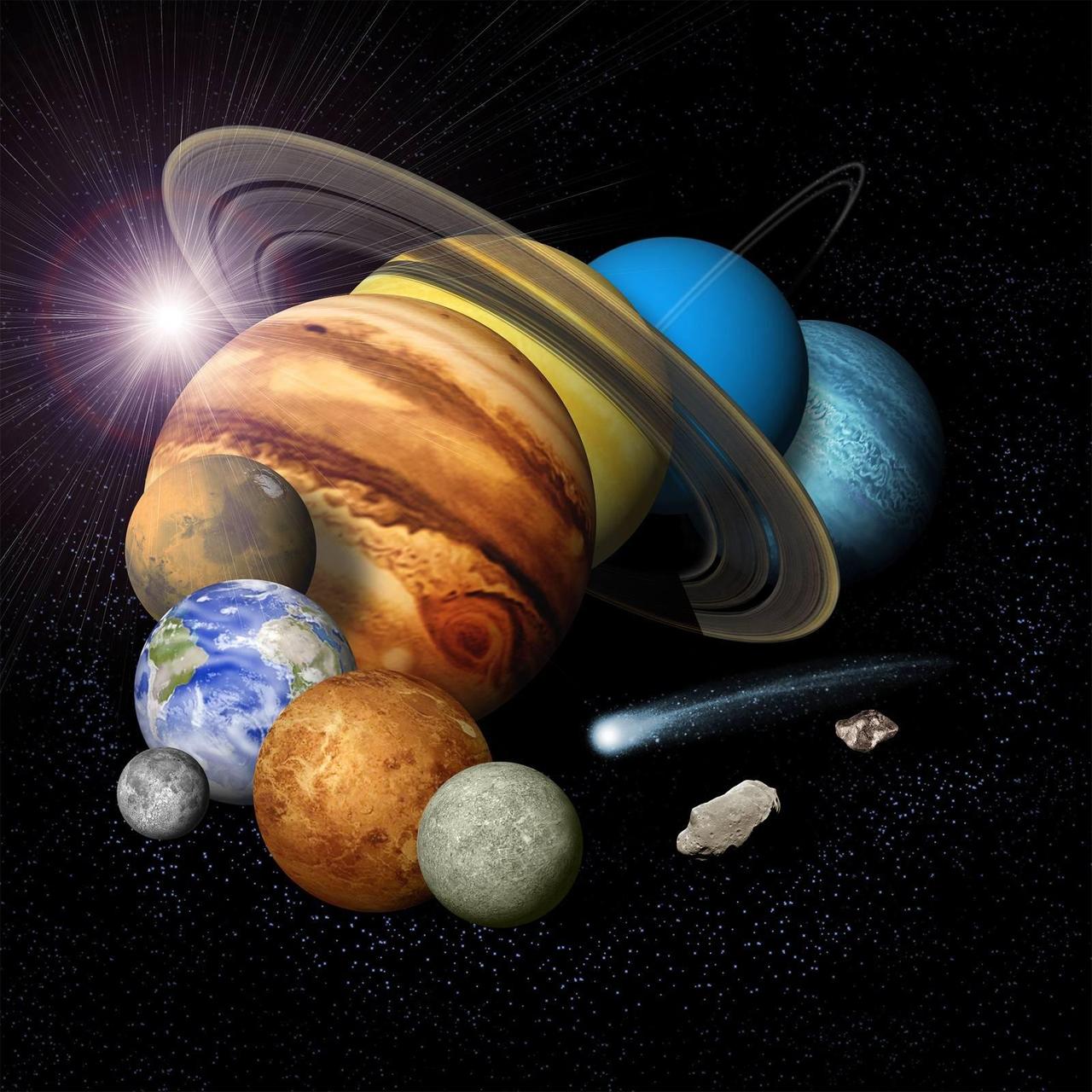 artist conception of a solar-system montage of the eight planets, a comet and an asteroid