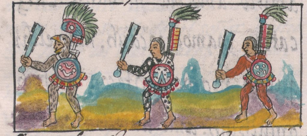  Aztec warriors led by an eagle knight, each holding a macuahuitl club. Copy of a painting from Florentine Codex, book IX