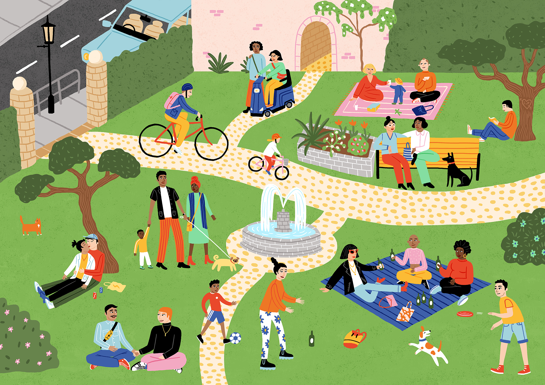 Illustration of a public park scene, full of people doing various activities.