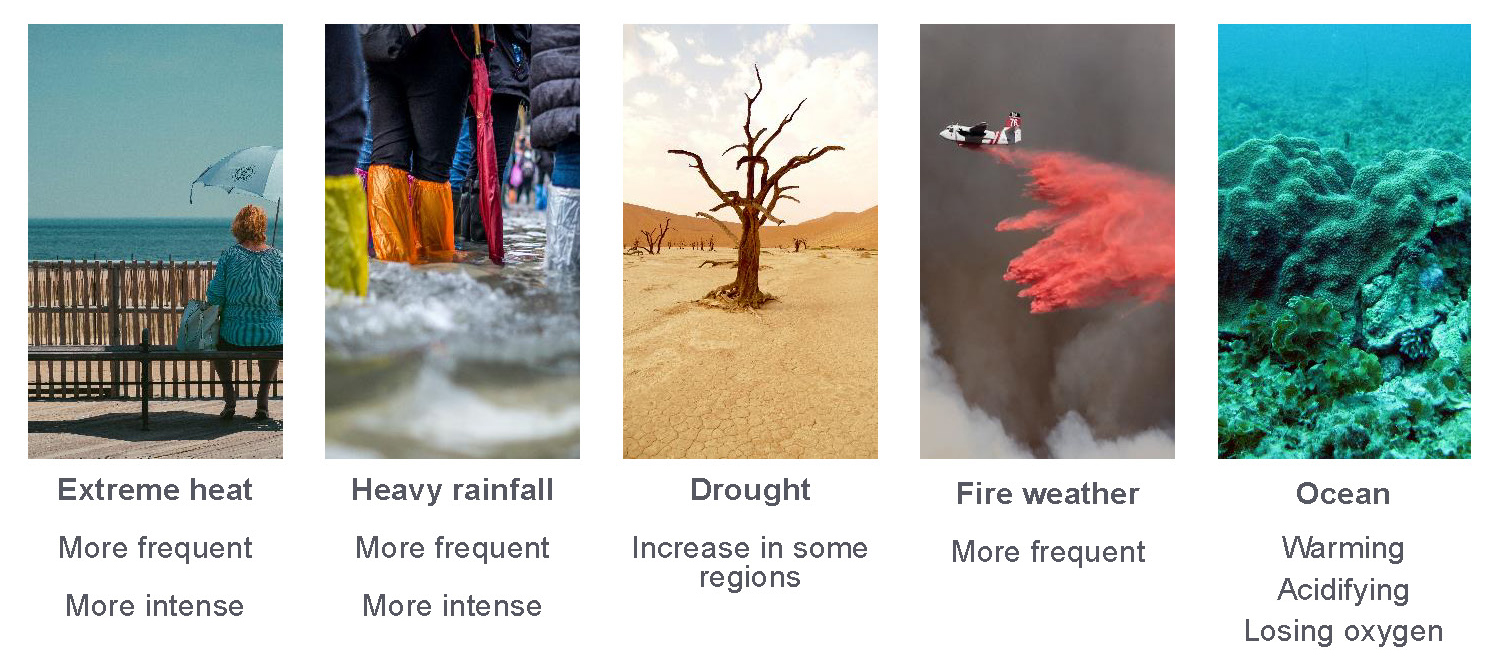 collage of weather extremes: Extreme Heat, Heavy rainfall, Drought, Fire weather, Ocean