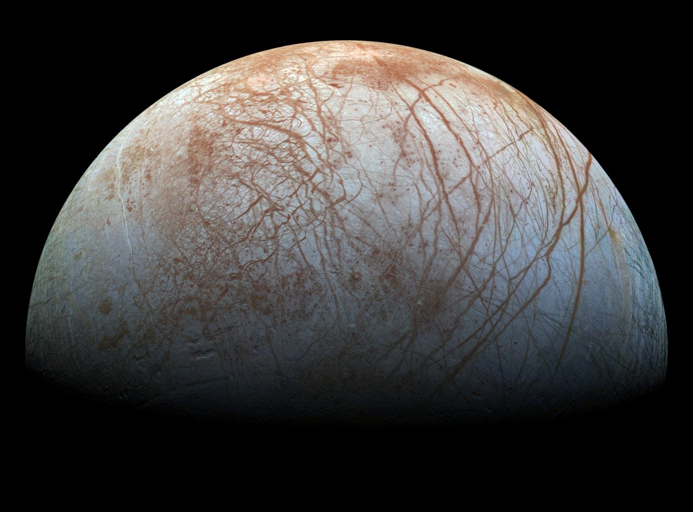 Jupiter’s moon Europa, imaged by NASA’s Galileo spacecraft in the late 1990s