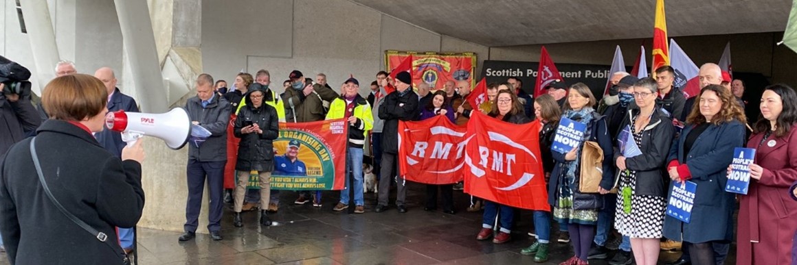 RMT Scotland Members and Supporters Protest at the Scottish Parliament in Edinburgh