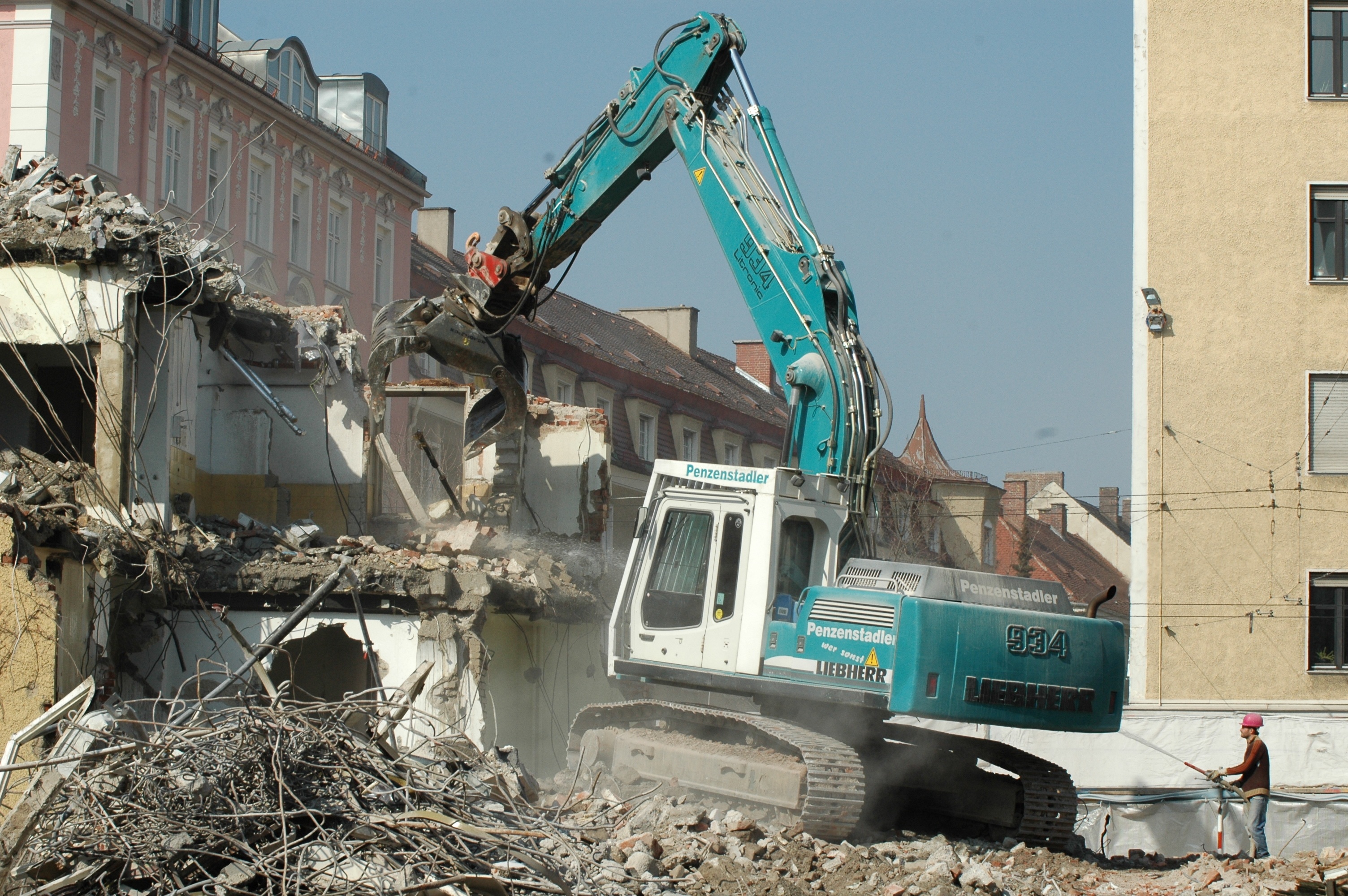Building construction, bulldozer demolition
