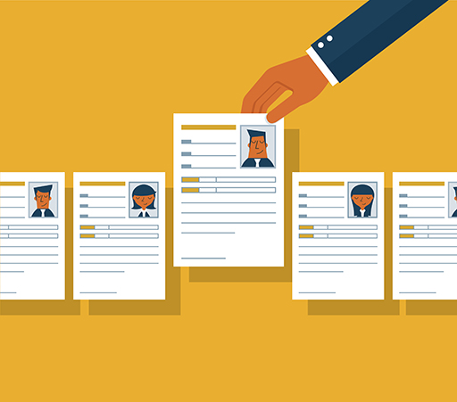 An illustration of CVs lined up with a handing picking one of them.