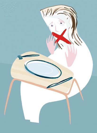 A piece of artwork of a person at a dining table with a cross over their mouth. The artwork is illustrating an eating disorder.
