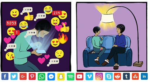 An illustration of two images, on the left is a person surrounded by emoji and message icons coming from their phone. On the right is an image of two people talking on a sofa. Along the bottom are lots of different social media logos.