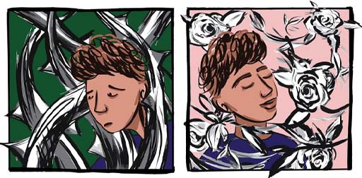 Two illustrations of a childs face, side by side. On the left, the child looks sad and their head is bounded by spiky thorns. On the right, they appear happier, surrounded by roses.