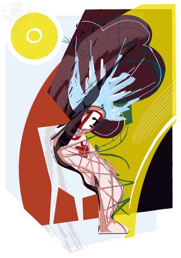 A piece of artwork of a person in a chair with a cloud over their head. The artwork is intended to illustrate depression.