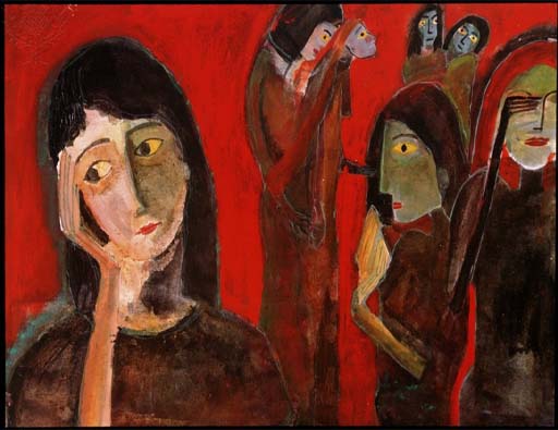 A piece of artwork with seven different faces depicting different facial expressions. The idea is to illustrate depression.