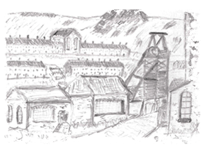 A pencil sketch by Stephen Davies depicting Cwmtillery pithead.