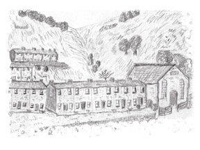 A pencil sketch by Stephen Davies depicting nineteenth-century terraced housing.