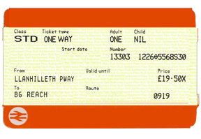 A traditional British Rail train ticket with orange borders.