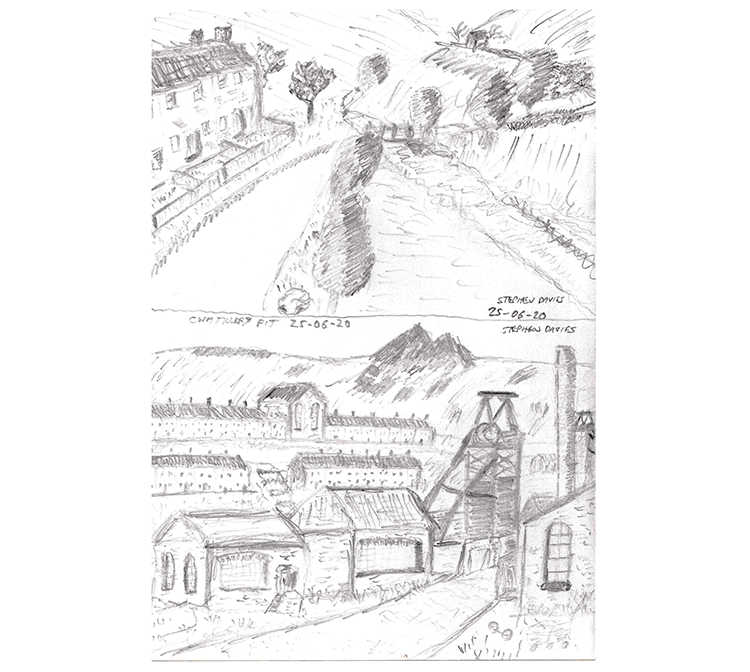 Two pencil sketches by Stephen Davies – the top one depicts a lane with some terraced housing and the bottom depicts the Cwmtillery pithead.