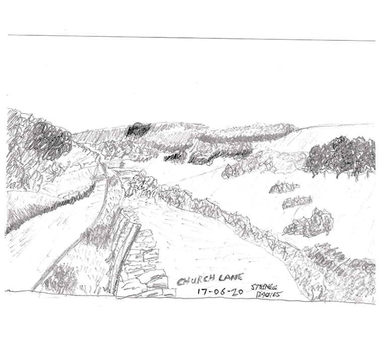 A pencil sketch by Stephen Davies depicting Church Lane – a small rural lane.