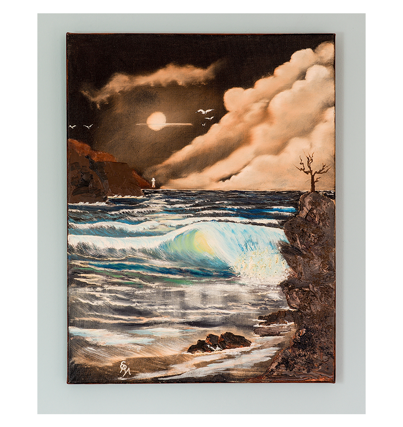 An atmospheric painting by Raymond Mason depicting a beach on a cloudy moonlit night with a large wave about to break. There are cliffs visible in the foreground and background and a lighthouse in the far distance. 