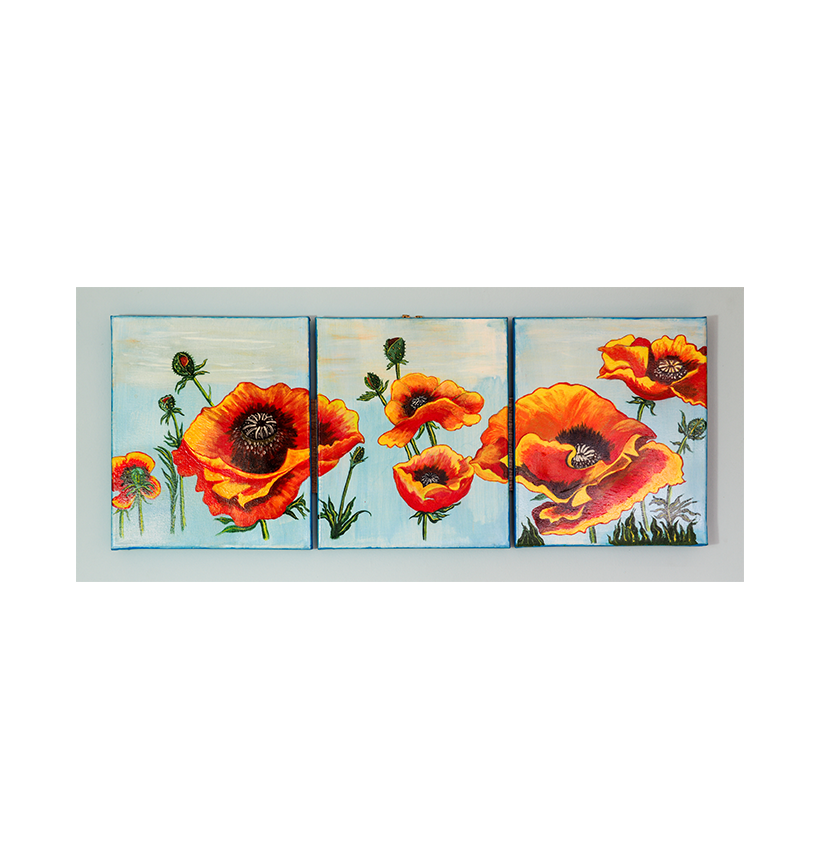 A series of three painted panels by Raymond Mason that connect to form large scale realistic close-ups of poppy flowers.