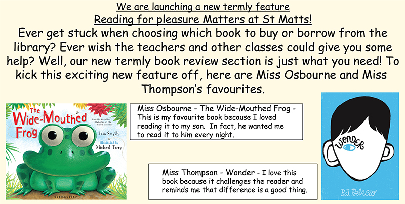 St Matts’ Reading for Pleasure newsletter with a book review by two teachers