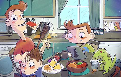 A cartoon of an adult and two children at a kitchen table. One child is looking at a tablet.