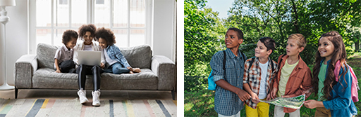 2 images. The first shows 2 children and an adult on a sofa looking at a laptop. The second shows 4 children outside holding a map looking into the distance.
