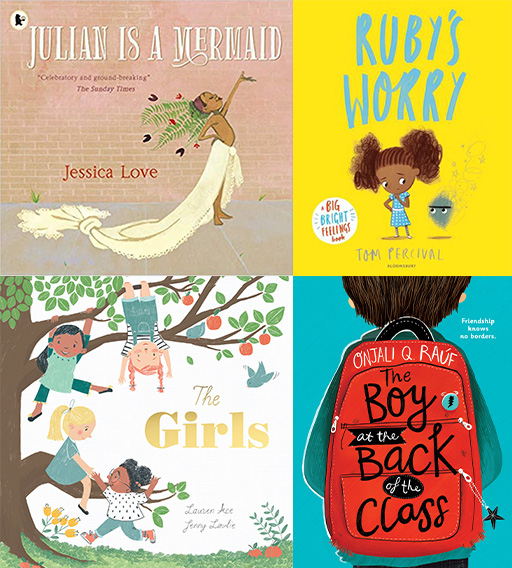 Covers of the books: Julian is a mermaid, Ruby’s worry, The Girls; and The boy at the back of the class