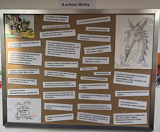 A school wall display title ‘A school library...’