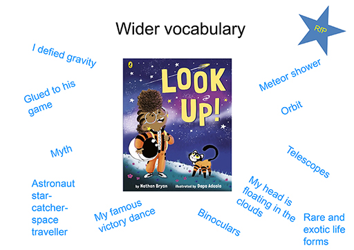 Examples of wider vocabulary used in Look Up!. For example, ‘I defied gravity’, ‘Meteor shower’